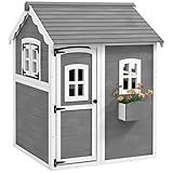 Outsunny Kinderspielhaus aus Holz Kinderhaus Outdoor mit Tür, Fenster, Gartenhaus mit Pflanzkasten, Spielhaus für Kinder 3-8 Jahre