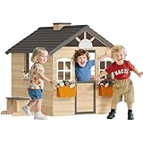 Outsunny Spielhaus für Kinder Holz Kinderspielhaus mit Fenster Briefkasten Outdoor Gartenspielhaus mit Blumentopfrack Holzspielhaus für 3-7 Jahre Tannenholz Natur 113 x 94 x 134,5 cm