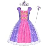 ACWOO Mädchen Prinzessin Kostüm, Rapunzel Lang Kleid Party Cosplay Verkleidung Festlich Karneval Festkleid Maxikleid Geburtstagsfeier mit Krone und Zauberstab