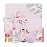 accentra Bade- und Pflegeset RELAX in schöner Geschenkbox, 5tlg. Wellness - Geschenkset für Frauen beinhaltet Körperbutter, Seife, Handcreme, Badebombe und Duftkerze, Duft: Tea Rose & Velvet