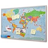 Pinnwand Weltkarte aus Kork mit Rahmen 90x60 cm - Memotafel aus Cork mit 20 Markierungsfähnchen - Weltkartenpinnwand Memoboard XXL