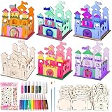 PIWOSGOL 12 Stück Prinzessin Holzschloss Bastelset, Holz Basteln Kinder Mädchen, Prinzessin Bemalen Handwerk, Kreativ DIY Bastelhandwerk Geschenk für Geburtstagsparty Mädchen 3 4 5 6 7 8 9 10 Jahre