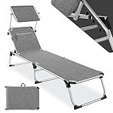 TecTake Sonnenliege mit Dach, Balkon Liege aus Aluminium, klappbare Gartenliege, wetterfest, Liegestuhl für Garten, Camping und Strand mit Verstellbarer Rückenlehne, 2 Tragegriffe - grau-meliert