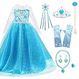 Formemory Prinzessin Kleid Mädchen, 10 Stück Prinzessin Kostüm Mädchen mit Handschuhe Ringe Halloween Weihnachten Geburtstag Party Kostüm für 4-12 Jahre Kinder (120cm/3.9ft, Blau)