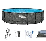 Summer Waves Frame Pool Komplettset | Rund 549x132 cm Rattan Optik Grau | Aufstellpool Set | Gartenpool & Schwimmbecken inkl. Filterpumpe, Bodenvlies, Abdeckplane & Einstiegsleiter