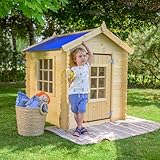 Timbela M570M-1 Kinderspielhaus aus Holz -Spielhaus im Freien für Kinder - 111x113xH121 cm/0.9 m2 Gartenspielhaus - Garten-Sommerhaus für Kinder (Die Dachfarbe ist blau)