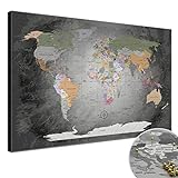 LANA KK - Weltkarte Leinwandbild mit Korkrückwand zum pinnen der Reiseziele – „Worldmap Edelgrau” - deutsch - Kunstdruck-Pinnwand Globus in grau, in 100x70cm