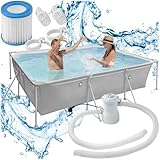 tectake® Swimming Pool, Schwimmbecken groß, Swimmingpool rechteckig, Framepool, Pool für Garten, Stahlrahmenbecken Komplettset, Outdoor Gartenpool, Aufstellpool 300 x 207 x 70 cm - grau