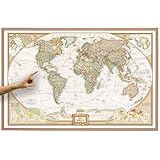 ORBIT Globes & Maps - Weltkarte mit Kartenbild von National Geographic - Pinnwand mit Holzrahmen, Aktuell 2025, 90x60 cm, deutsch, Maßstab 1:46 Mio mit Fähnchen und Pins sowie Befestigungsmaterial