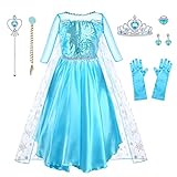 URAQT Kostüm Kinder Mädchen, 9-teiliges Set Kleid Kinder mit Krone Diadem Handschuhe Zauberstab für Weihnachten Verkleidung Karneval Halloween Geburtstag Party,110CM