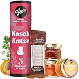 Gepp’s Feinkost Geschenkset “Naschkatze” I 3 Mini-Marmeladengläser als Probierset in den Geschmacksrichtungen Litschi-Guave-Mango, Aprikose-Yuzu & Feige I Gourmet Geschenkset