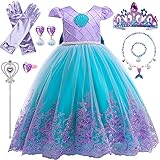 YYDSXK Prinzessin Kleid Mädchen, Meerjungfrau Kostüm Kinder Mädchen Kleid mit Kronen Halsketten Set, Prinzessin Kostüm Kleid für Weihnachten Halloween Karneval Cosplay Geburtstagsfeier 5-6 Jahre